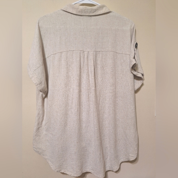 NWOT Femme Medium linen blend cap sleeve button up front tie knot beige shirt - Picture 6 of 6
